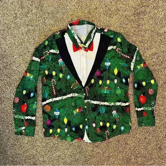 Christmas Tree Men’s Long Sleeve Button Up Shirt Size L Green Red White Black - Picture 1 of 9